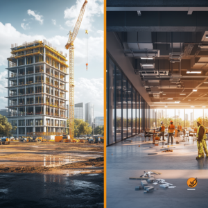 Two images of construction workers: one at a new build site and the other during a fit-out phase of a building