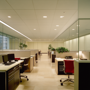 Modern office space with cubicles, computers, and large windows.