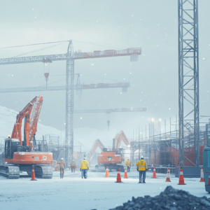 Construction workers in winter attire manage equipment on a snowy site, showcasing teamwork in cold conditions.