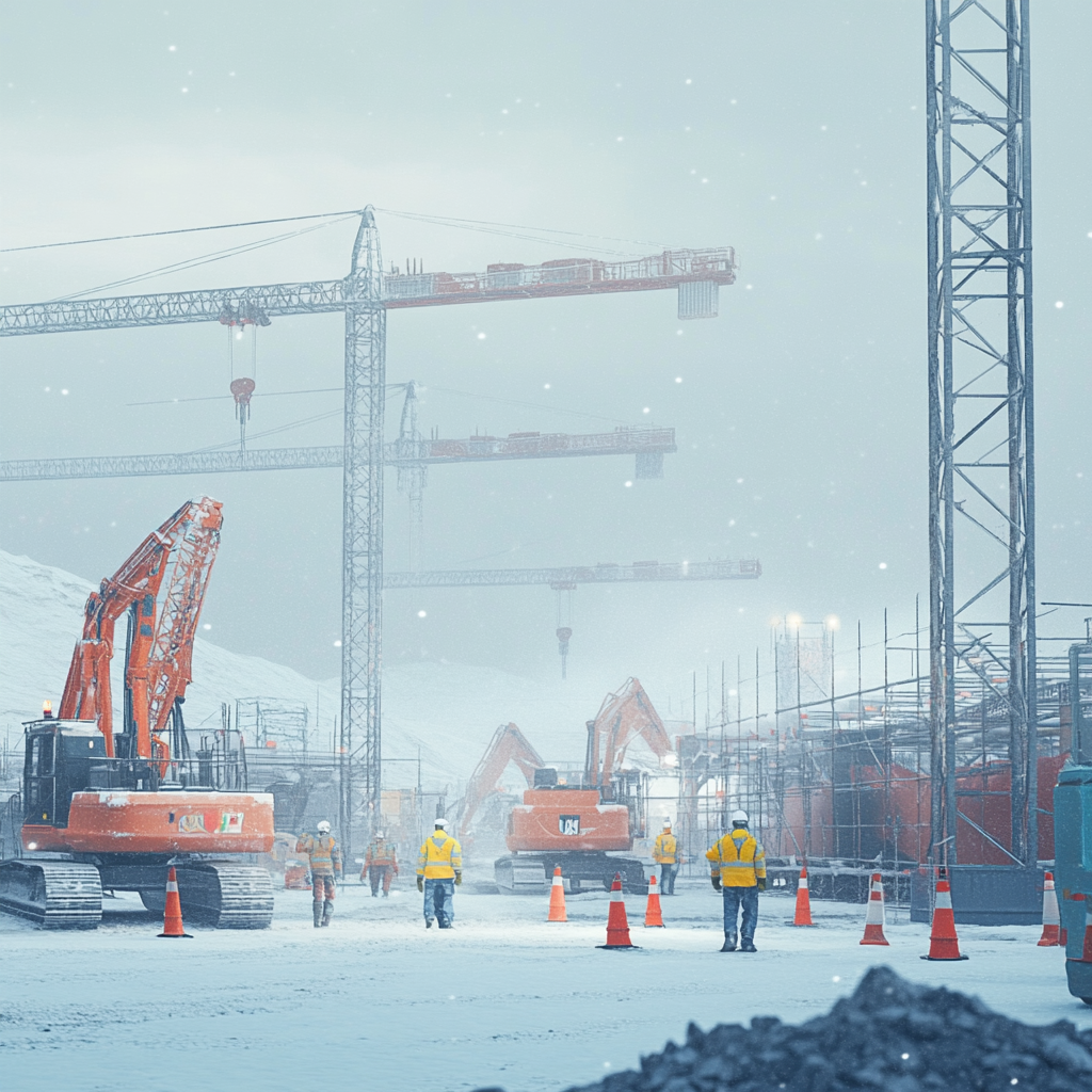 Construction workers in winter attire manage equipment on a snowy site, showcasing teamwork in cold conditions.