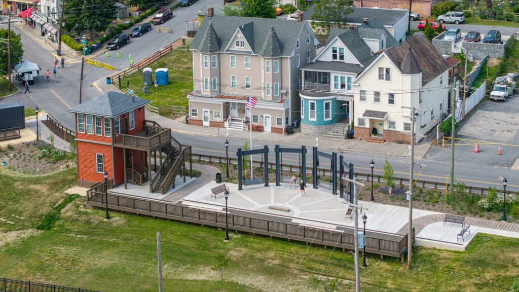 Aerial view of the completed B&O Railroad Park in Brunswick, Maryland, built by Contour Construction