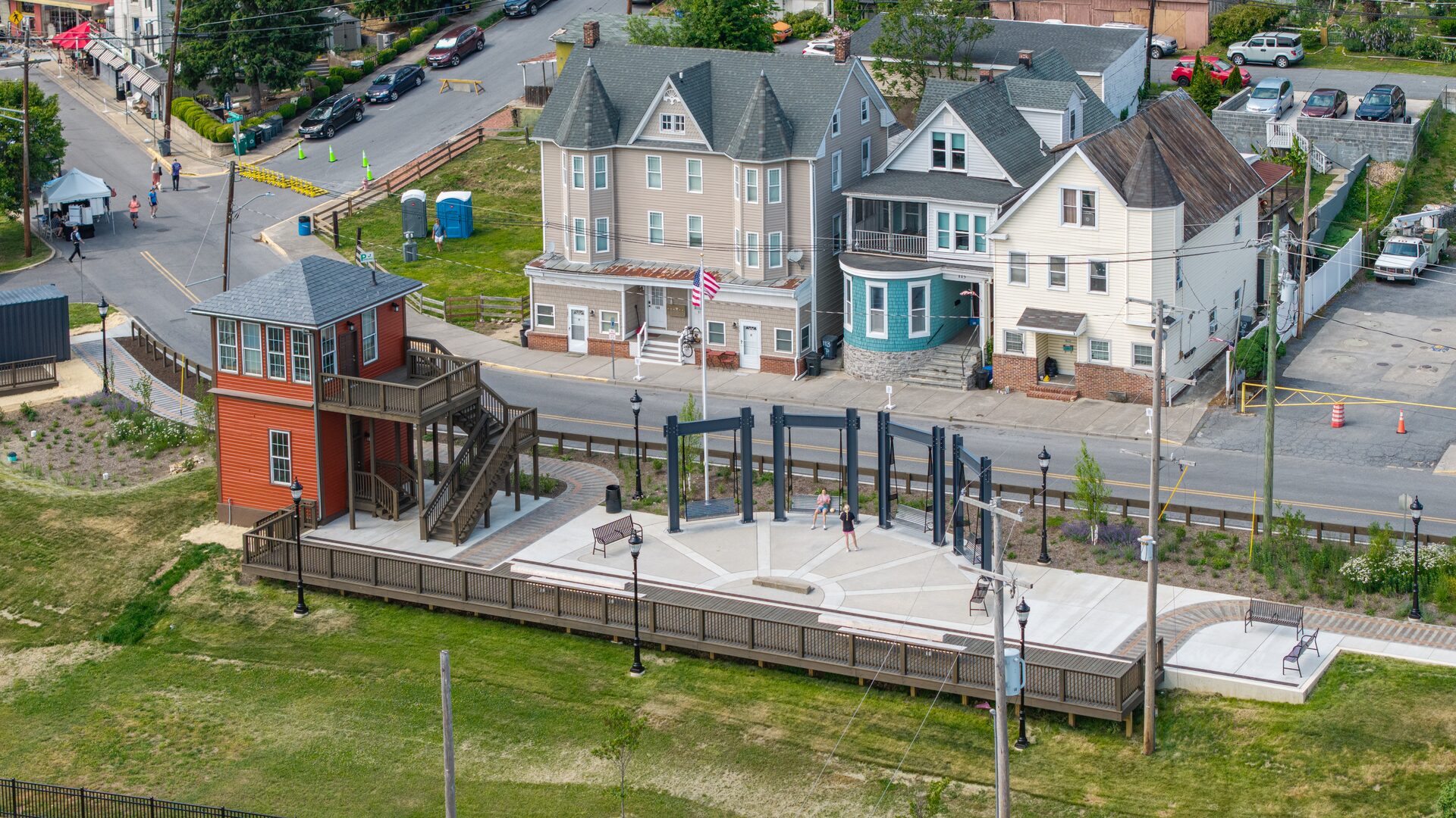 Aerial view of the completed B&O Railroad Park in Brunswick, Maryland, built by Contour Construction