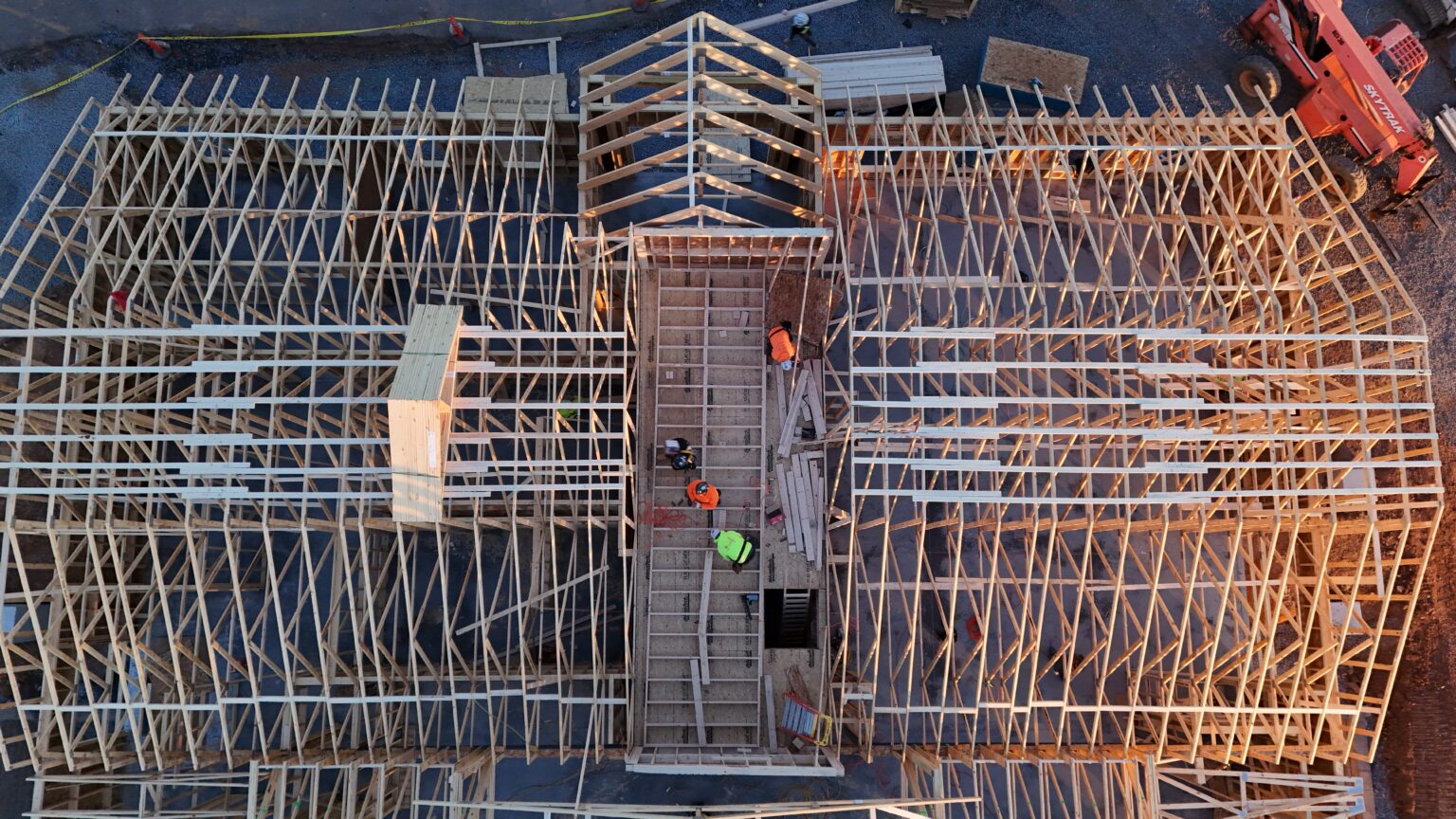 Aerial view of reinforced masonry walls under construction
