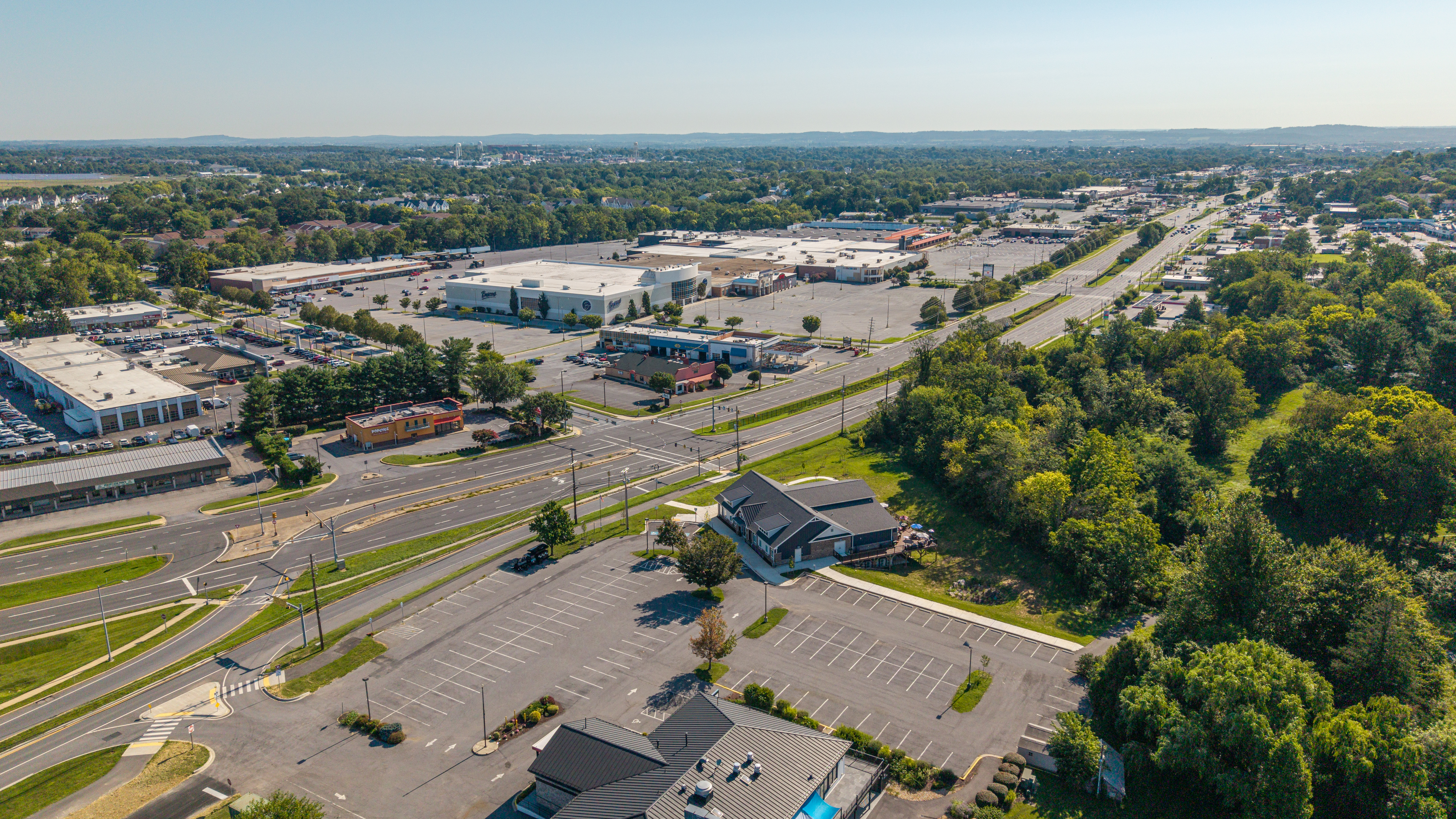 Aerial view of a commercial corridor in Frederick County, Maryland